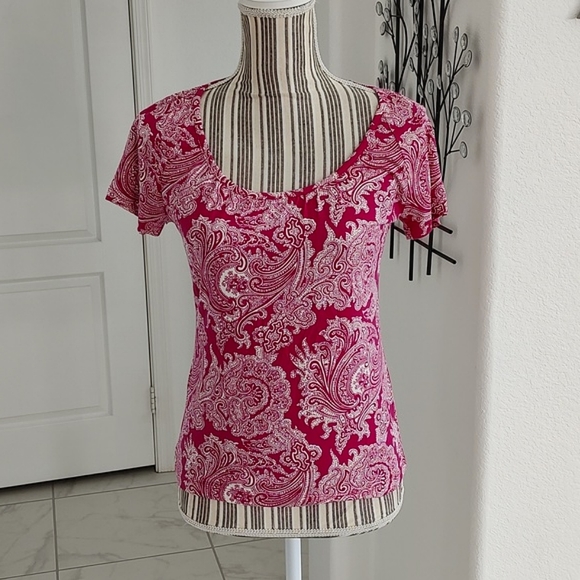 Talbots Tops - New Talbots Magenta & White Paisley Print Scooped Neck Short Sleeve Top Small P